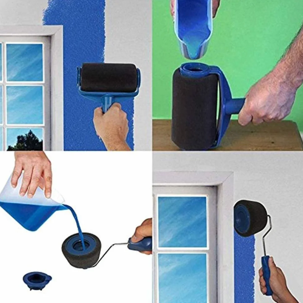 Zestaw wałków do malowania z drążkiem przedłużającym i systemem zapobiegającym rozpryskiwaniu narożników i nalewaczem w zestawie Easy Flow Blue Paint Runner Pro Kit