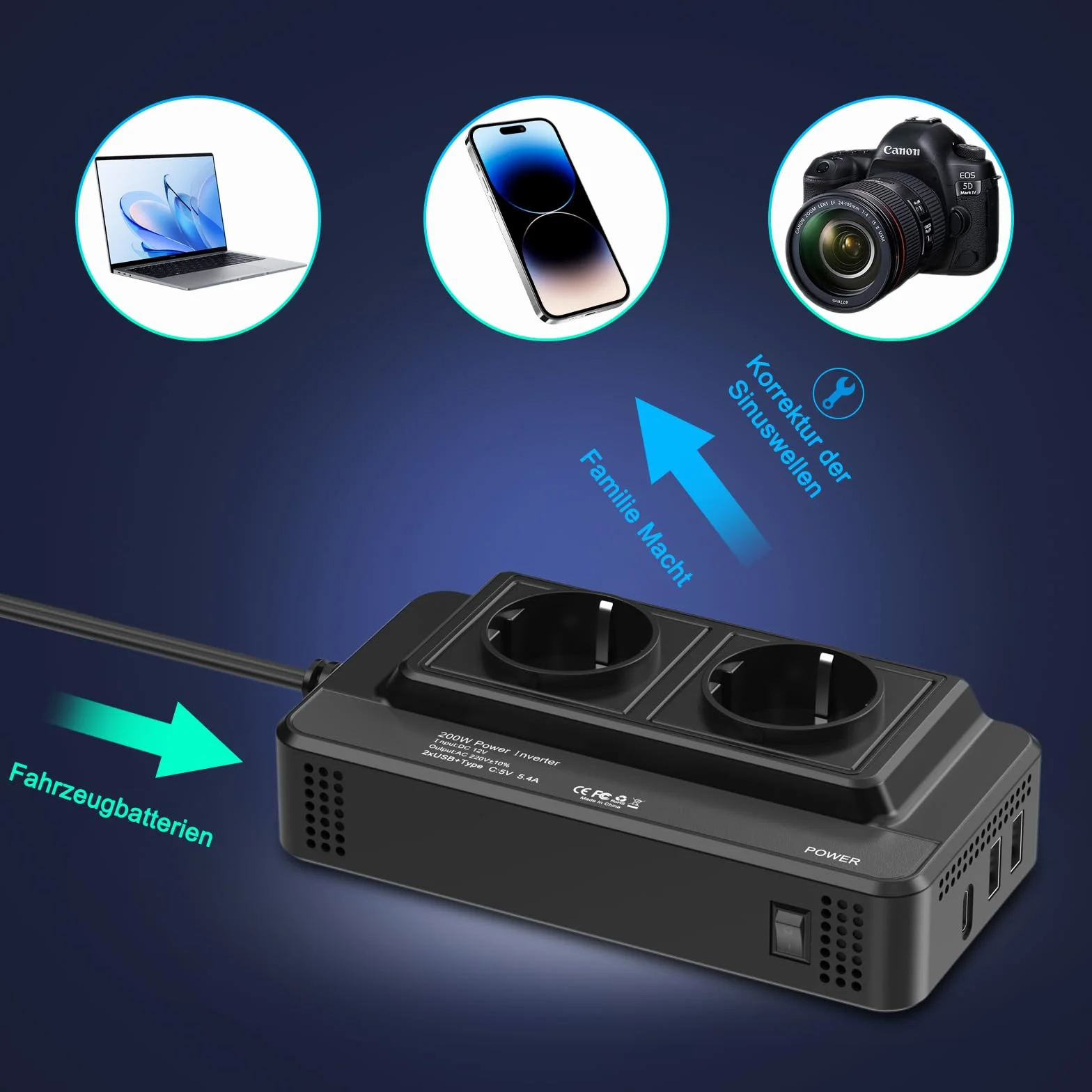 Falownik samochodowy 200 W, 12 V na 230 V, z 2 gniazdami, 3 USB i ładowarką samochodową, kolor czarny