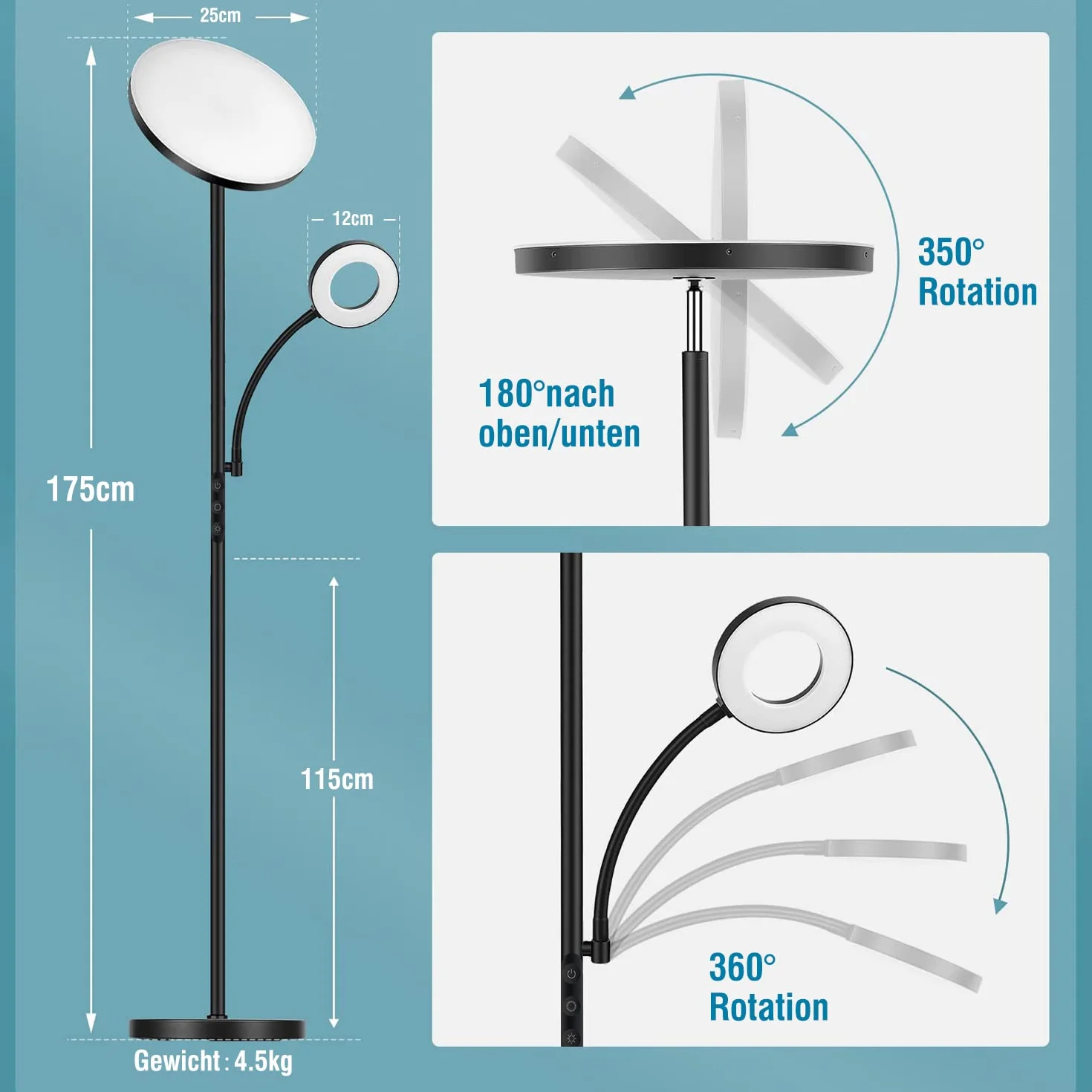 Lampa podłogowa LED 42W 4500 lm super jasna stojąca salonu, 2700 K-6500K lampy podłogowe do czytania z pilotem i sterowaniem dotykowym, wysoka lampa podłogowa do salonu, sypialni, biura