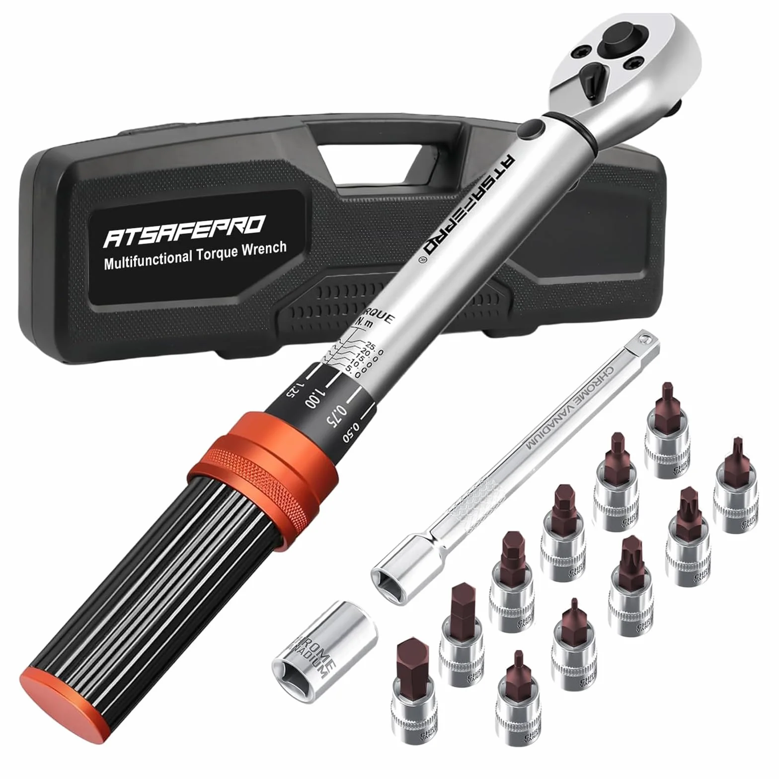 ATsafepro klucz dynamometryczny 1/4" 5-25NM, regulowany w dwóch kierunkach, 72 zęby, 1/4" Zestaw kluczy dynamometrycznych Moto Kit, drążek przedłużający i klucz nasadowy Torx