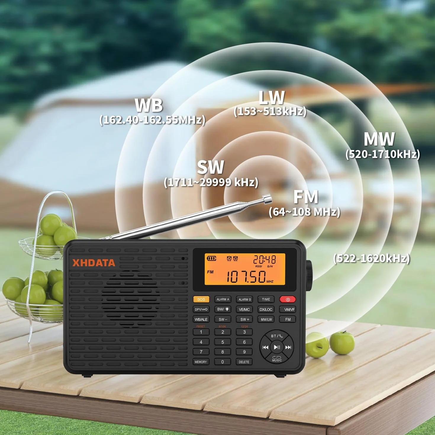 XHDATA D109WB Przenośne radio retro FM/AM/LW MP3 TF Bluetooth z zegarem i budzikiem