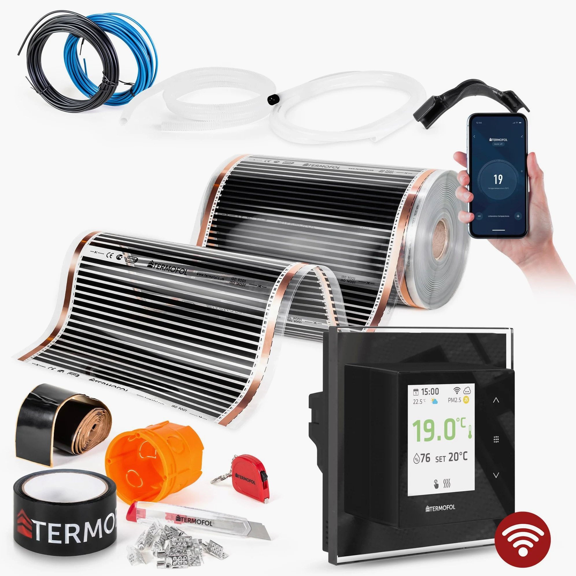 Termofol Elektryczne ogrzewanie podłogowe folia grzewcza 230 V – z termostatem H7 WIFi Black – moc 220 W/m2 – powierzchnia 1 m² – ogrzewanie podłogowe, kompletny zestaw do podłóg