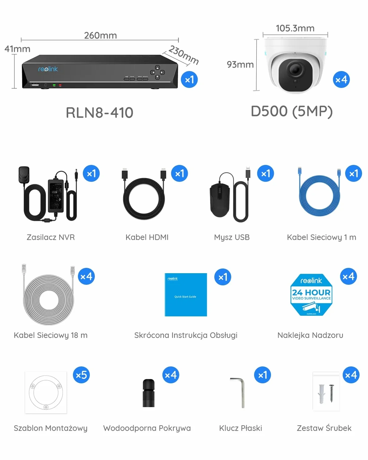 Reolink 8-kanałowy Zestaw do monitoringu CCTV 5MP PoE z dyskiem twardym 2 TB NVR i 4X 5MP 2,5 razy 1080P Zewnętrzne kamery IP PoE, Noktowizja 30m, RLK8-520D4-5MP