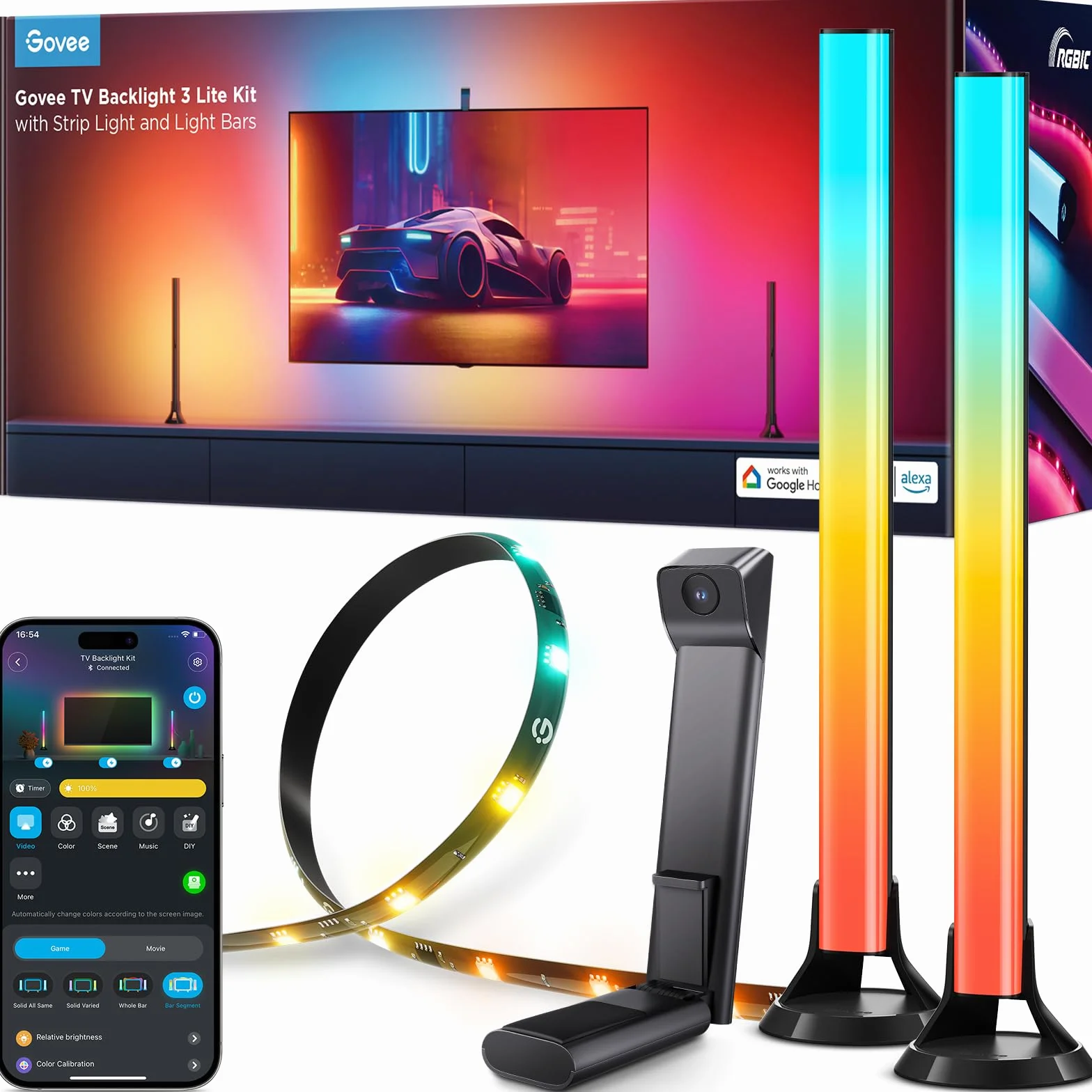 Govee Oświetlenie Led TV, zestaw podświetlający 3 Lite do telewizora od 55 do 65 cali, taśma świetlna LED RGBICW Wi-Fi TV 3,6 m z kamerą i inteligentnymi listwami świetlnymi 38 cm z podwójnymi diodami | Taśma RGBIC 3,6 m z kamerą, 15 cali Smart Lightbar,