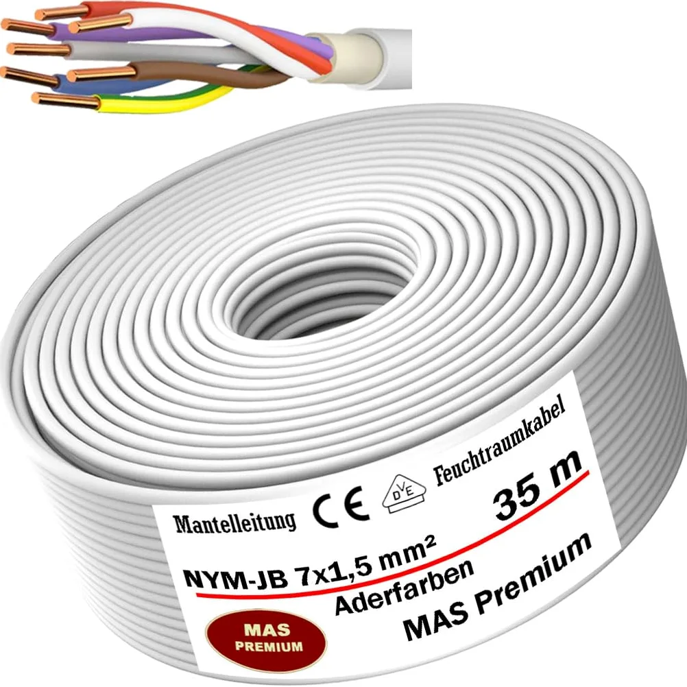 MAS Premium Kabel zasilający do wilgotnych pomieszczeń, kabel zasilający 5-100 m, przewód płaszczowy NYM-JB 7 x 1,5 (kolory skóry), kabel instalacyjny OFC do stałego układania (35 m)