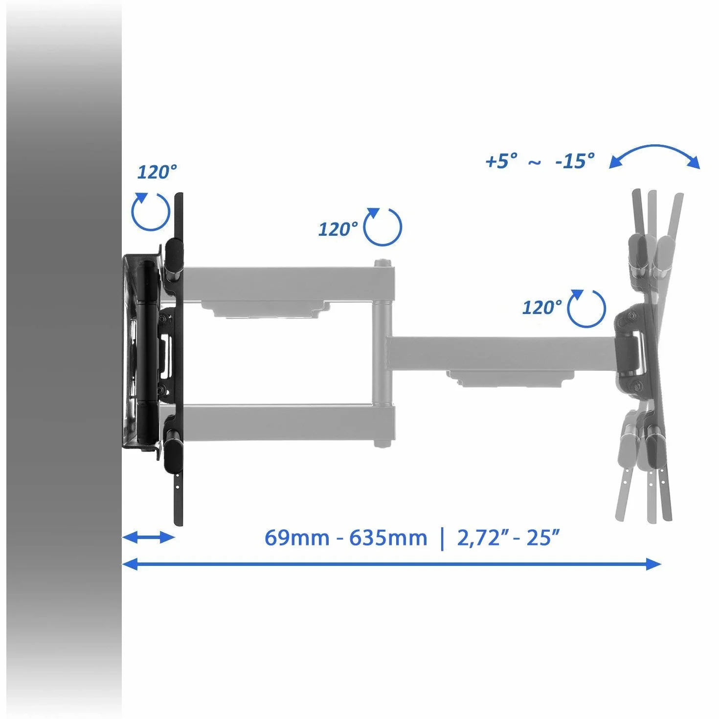 deleyCON Uniwersalny uchwyt ścienny do telewizora 32" – 75" cali (81 – 190 cm) pochylny, obciążalność do 66 kg do VESA 600 x 400 mm odstęp od ściany zmienny