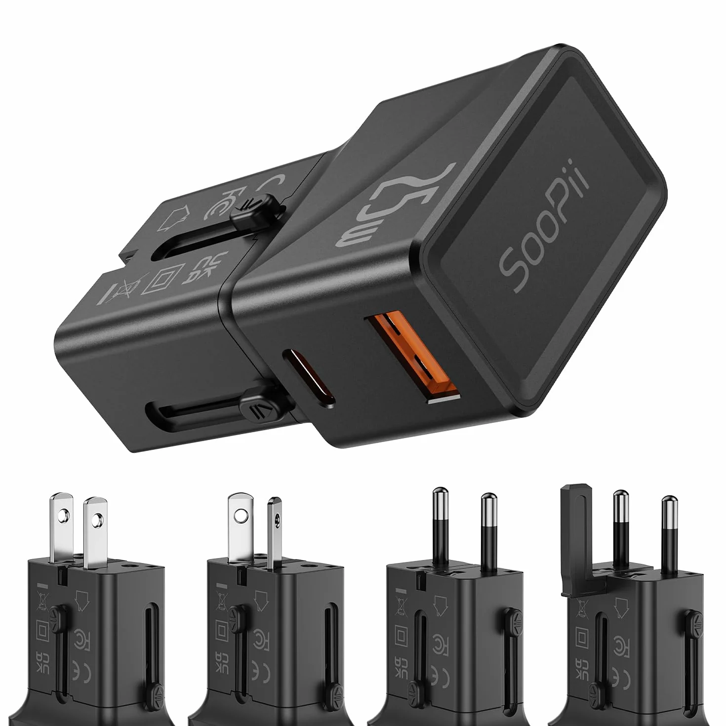 SooPii Międzynarodowy Adapter Podróżny 25 W USB C/A Uniwersalny do USA UK Niemiec Australii Tajlandii Japonii