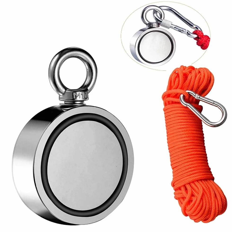 Dwustronne Wędkarstwo Z Magnesem Neodymowym, Okrągły Neodymowy Hak Magnetyczny Z Liną, Haki Magnetyczne Do Połowu Magnesów I Ratownictwa W Rzece, 60mm