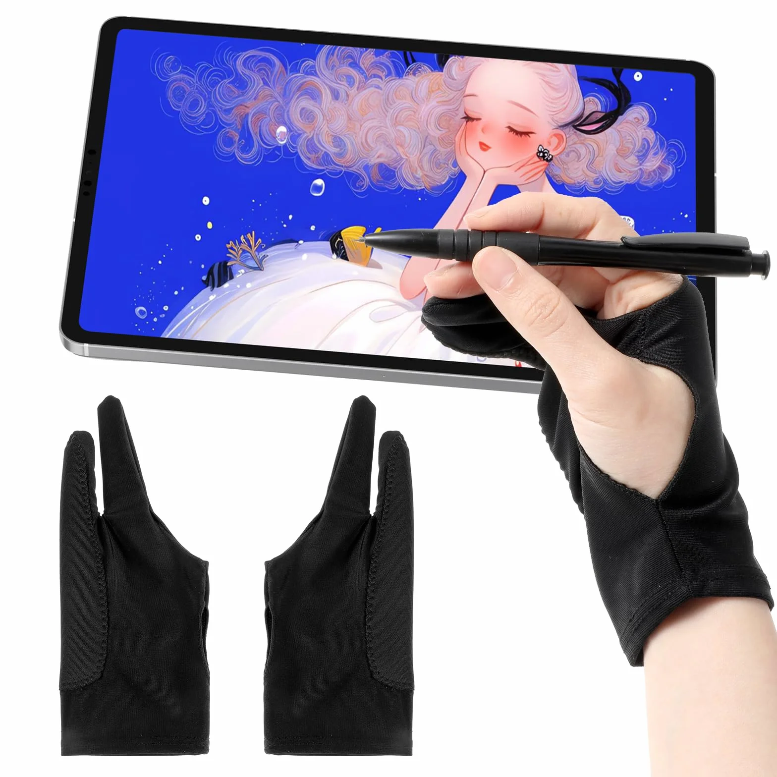 COMNICO 2-pak cyfrowych rękawic do rysowania, tablet do rysowania, rękawica dla artysty, miękka ochrona przed rozmazywaniem, dwa palce, artystyczna rękawica do ekspozycji długopisów, podkładka