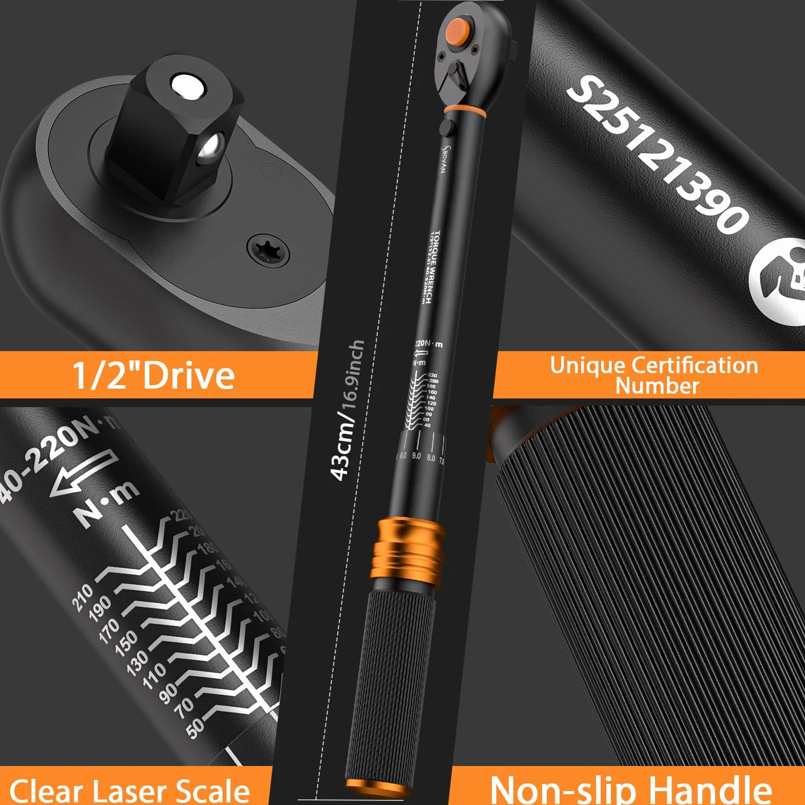 ss shovan Klucz dynamometryczny do samochodu, 1/2 cala, 40-220 Nm, atest TÜV Süd GS, 4-częściowy zestaw do wymiany opon z kliknięciem ±3% – przedłużenie 125 mm, adapter i przegub uniwersalny – do