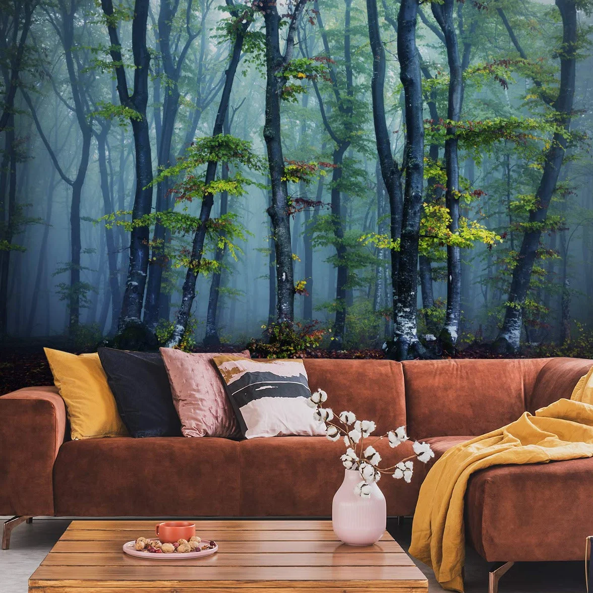 Gładka tapeta winylowa, las na mgle, drzewa, liście, tapeta ścienna 300 x 210 cm, do salonu, sypialni, nowoczesne obrazy ścienne XXL, dekoracja ścienna szer. 300 x wys. 210