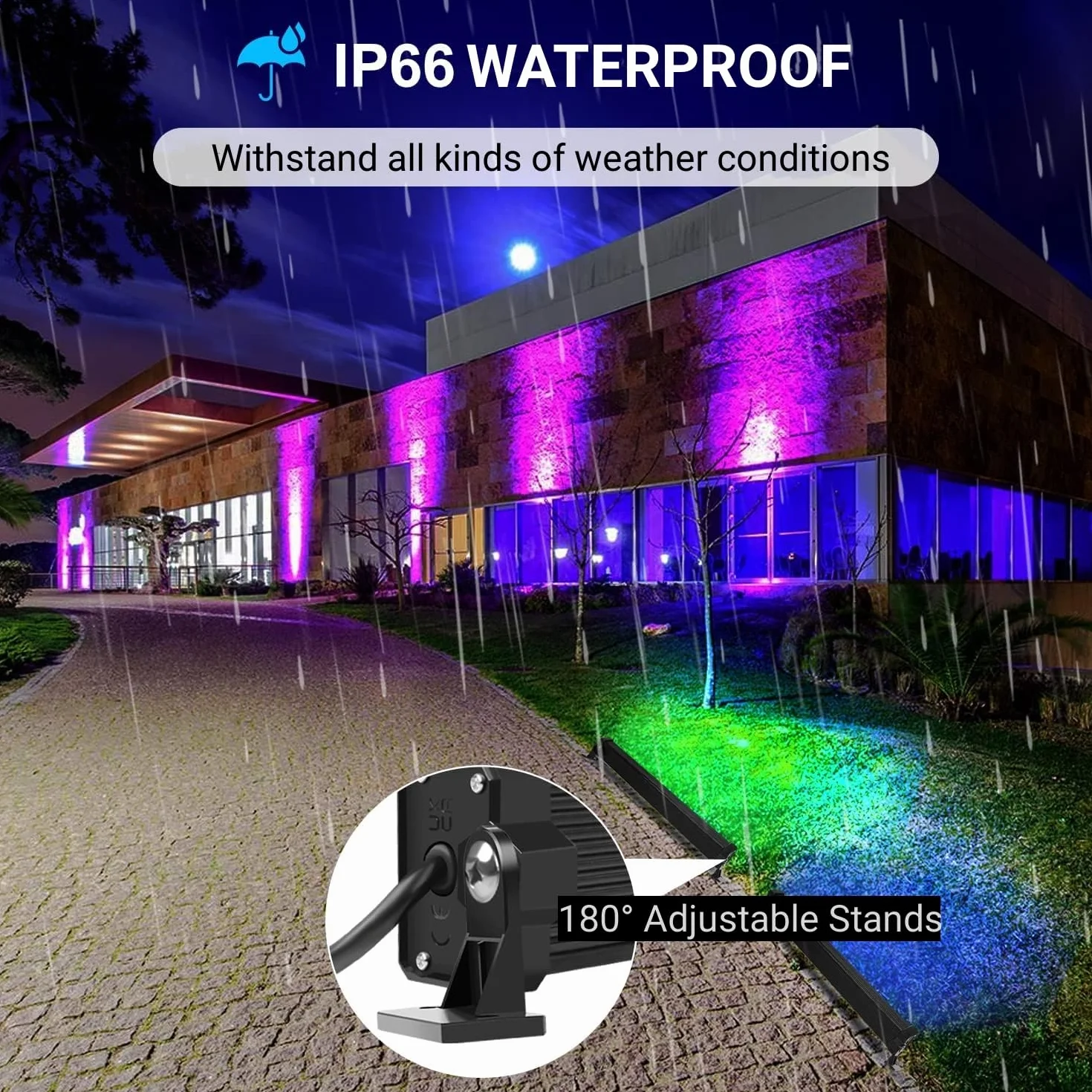MEIHUA Reflektory Led RGB 42 W, zestaw 2 drążków LED, zmiana kolorów, IP66, wodoodporny, 10 kolorów i 12 trybów z jasnością i regulowaną prędkością, wielokolorowe oświetlenie, do użytku na zewnątrz,
