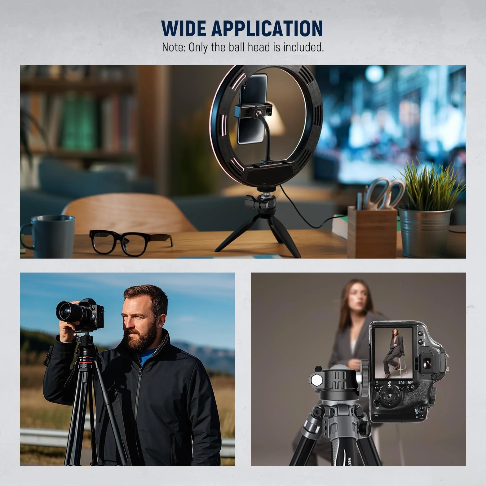 NEEWER BASIC Mini głowica kulki, przenośny adapter do kamery do montażu na głowicy statywu 1/4" do DSLR Action Cam Telefon LED Światło pierścieniowe suwak monopod, 4,4 funta maksymalne obciążenie, 360
