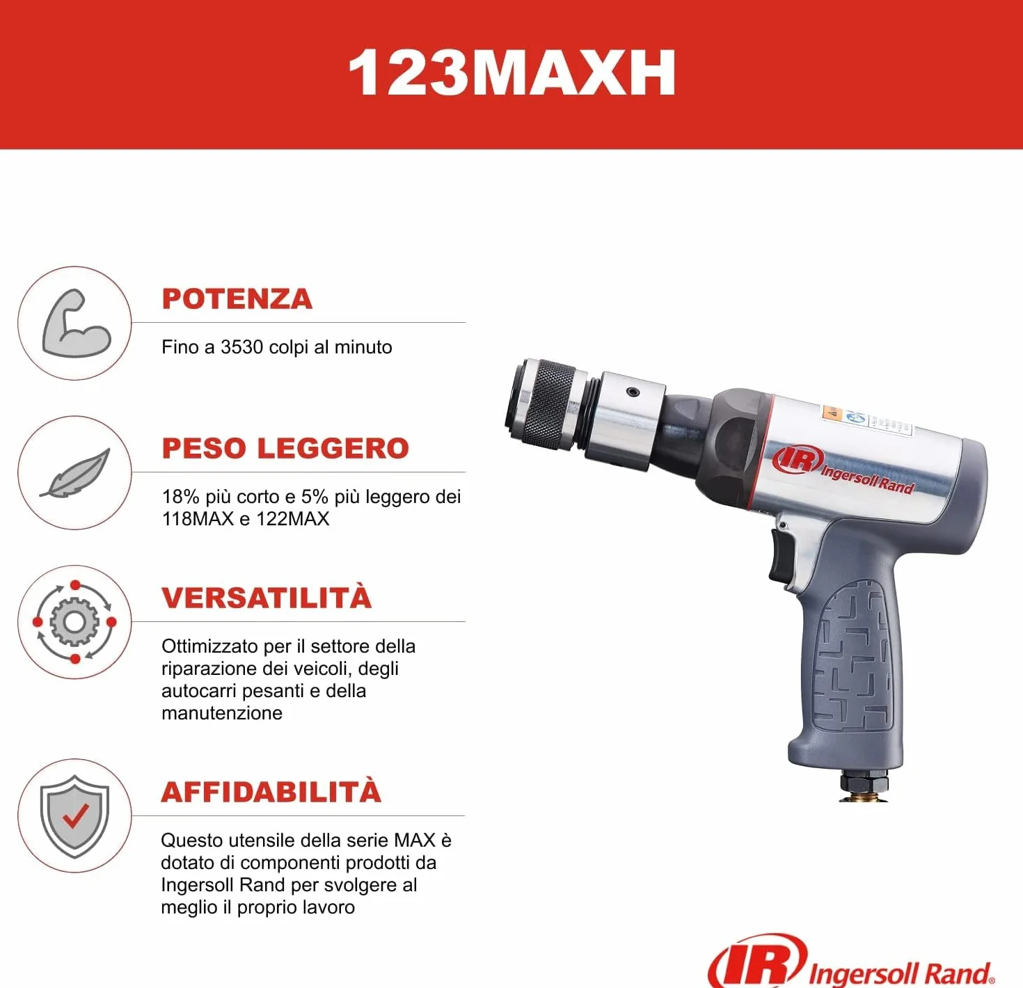 Młot pneumatyczny Ingersoll Rand 123MAXH, lekki, antywibracyjny, z krótkim trzpieniem i szybkozłączką do wymiany dłut.