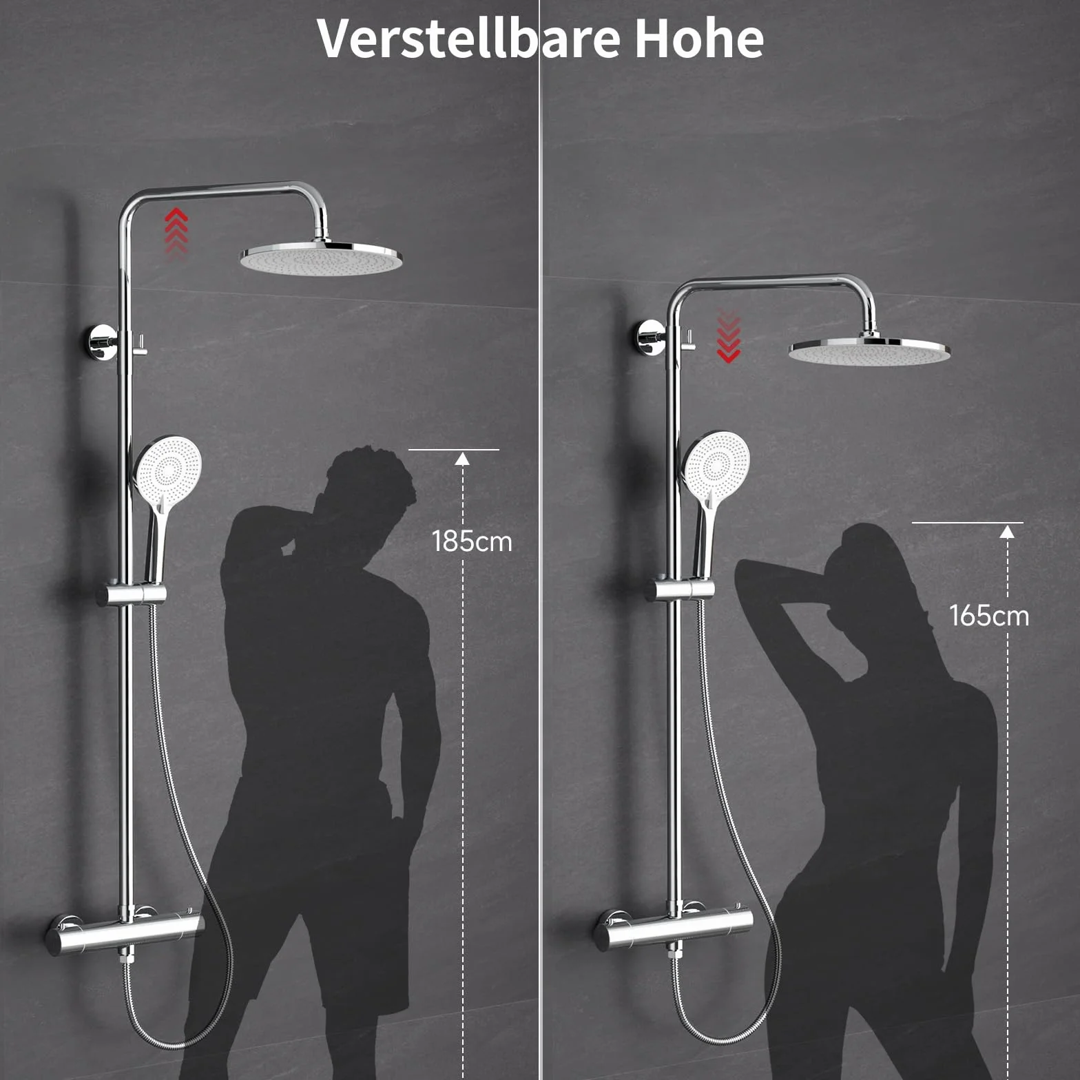 Rainsworth System prysznicowy z termostatem, chromowana, kompletny zestaw z okrągłą deszczownicą 25 cm, 3 rodzaje strumienia, 92-126 cm, regulacja wysokości, deszczownica z armaturą, zestaw