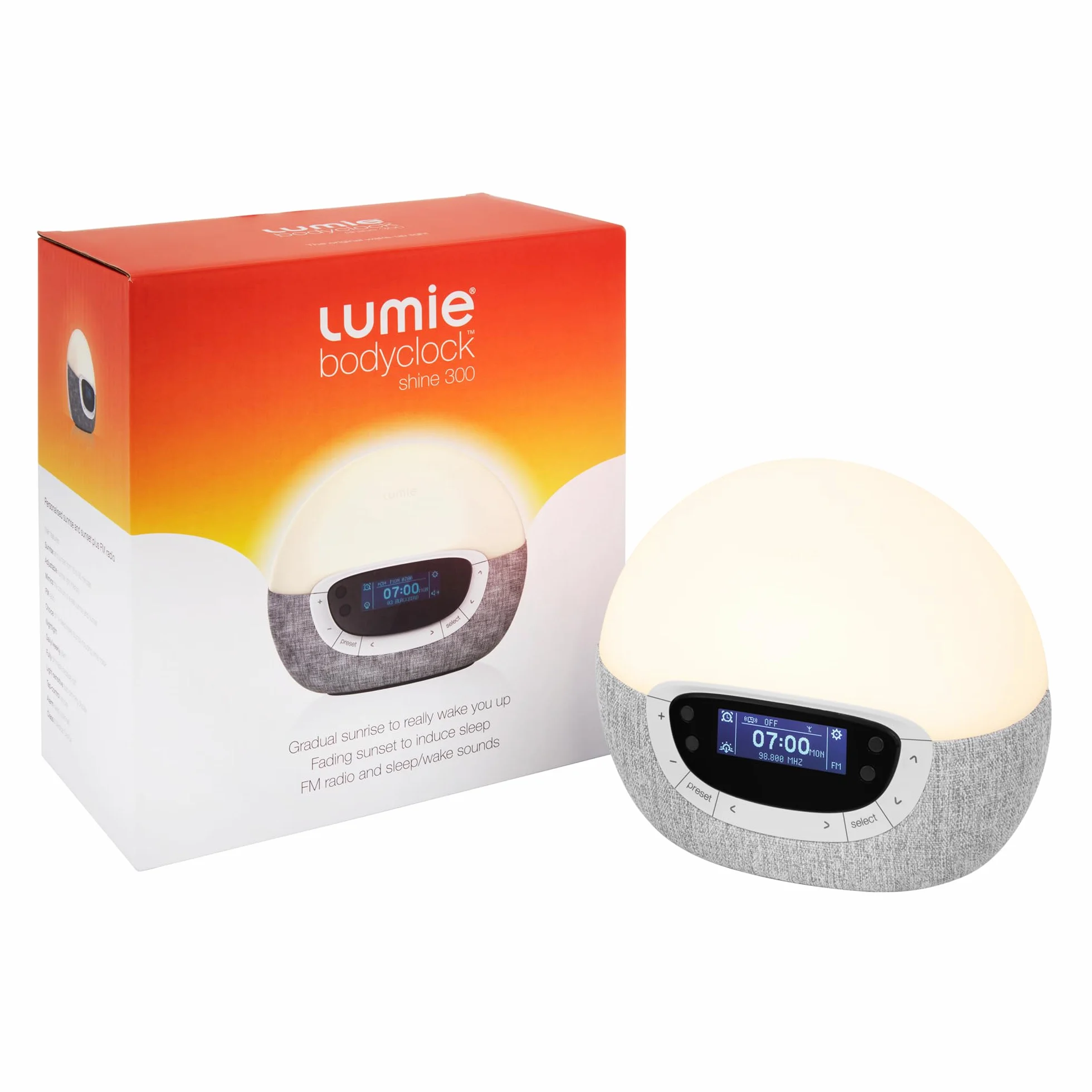 Lumie Bodyclock Shine 300 – budzik świetlny z radiem, 15 dźwięków i zachód słońca