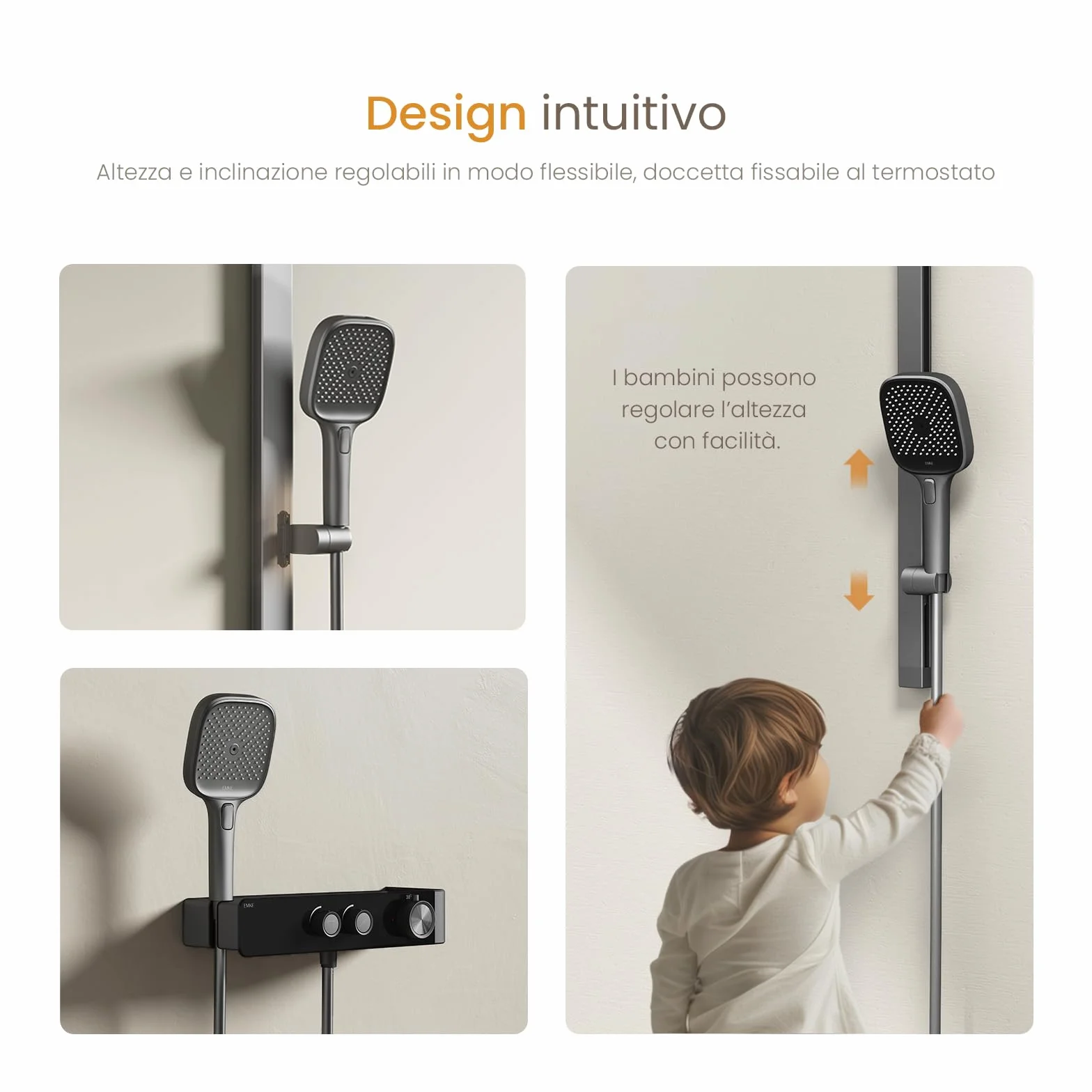 EMKE Termostatyczna kolumna prysznicowa - matowy antracyt, regulowany przepływ wody, oddzielny minimalistyczny design, ręczny prysznic 3 funkcje, zestaw prysznicowy do małych łazienek