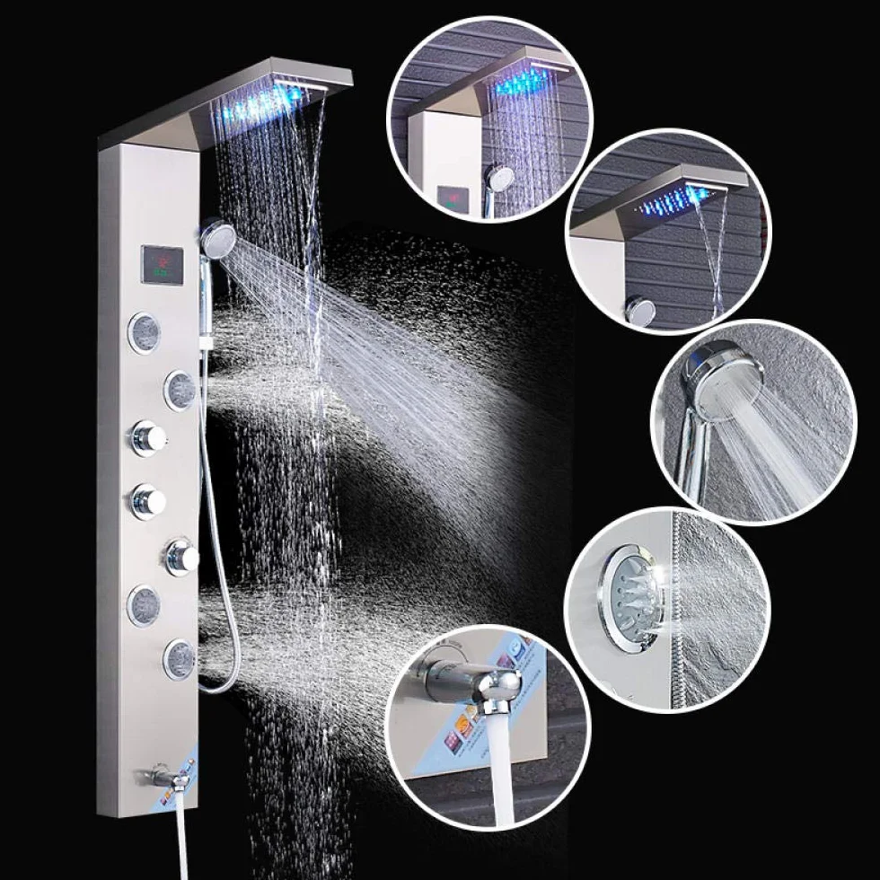 Panel prysznicowy do wanny z wyświetlaczem temperatury LCD, kolumna prysznicowa LED ze stali nierdzewnej z dyszą korpusu SPA, dysze do masażu