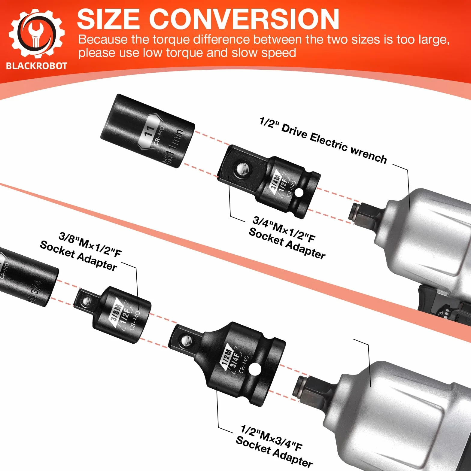 8-częściowy zestaw adapterów udarowych, 1/4" 3/8" 1/2" 3/4", adapter do wkrętarki udarowej, adapter do wkrętarki udarowej, adapter klucza nasadowego, stal chromowo-molibdenowa, w walizce na