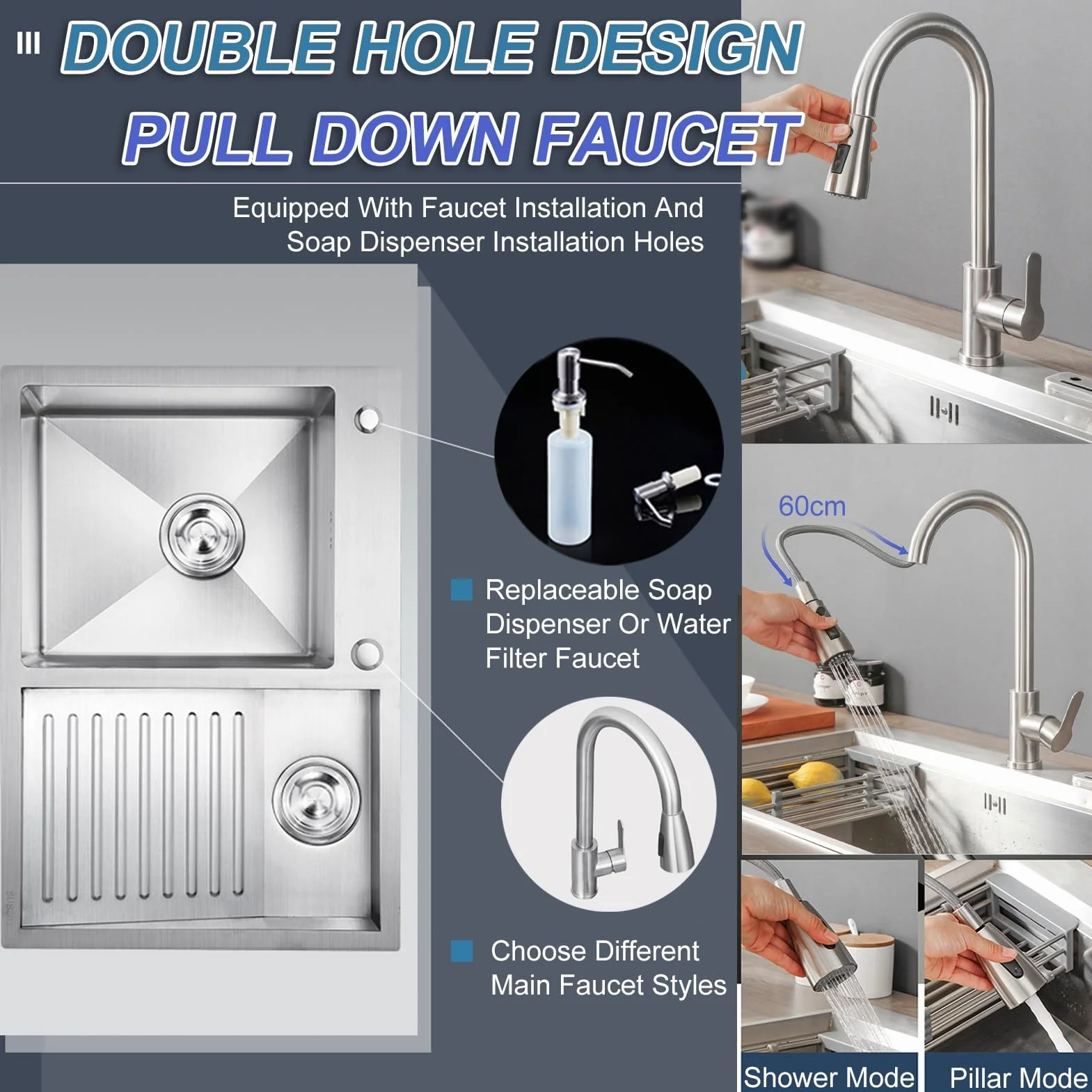 Bathroom Double Bowl Laundry Sink,Household Stainless Steel Laundry Sink,Wash Basin With Washboard,Pull-out Faucet,Easy To Clean (Color : Right, S : 80x48x22cm)