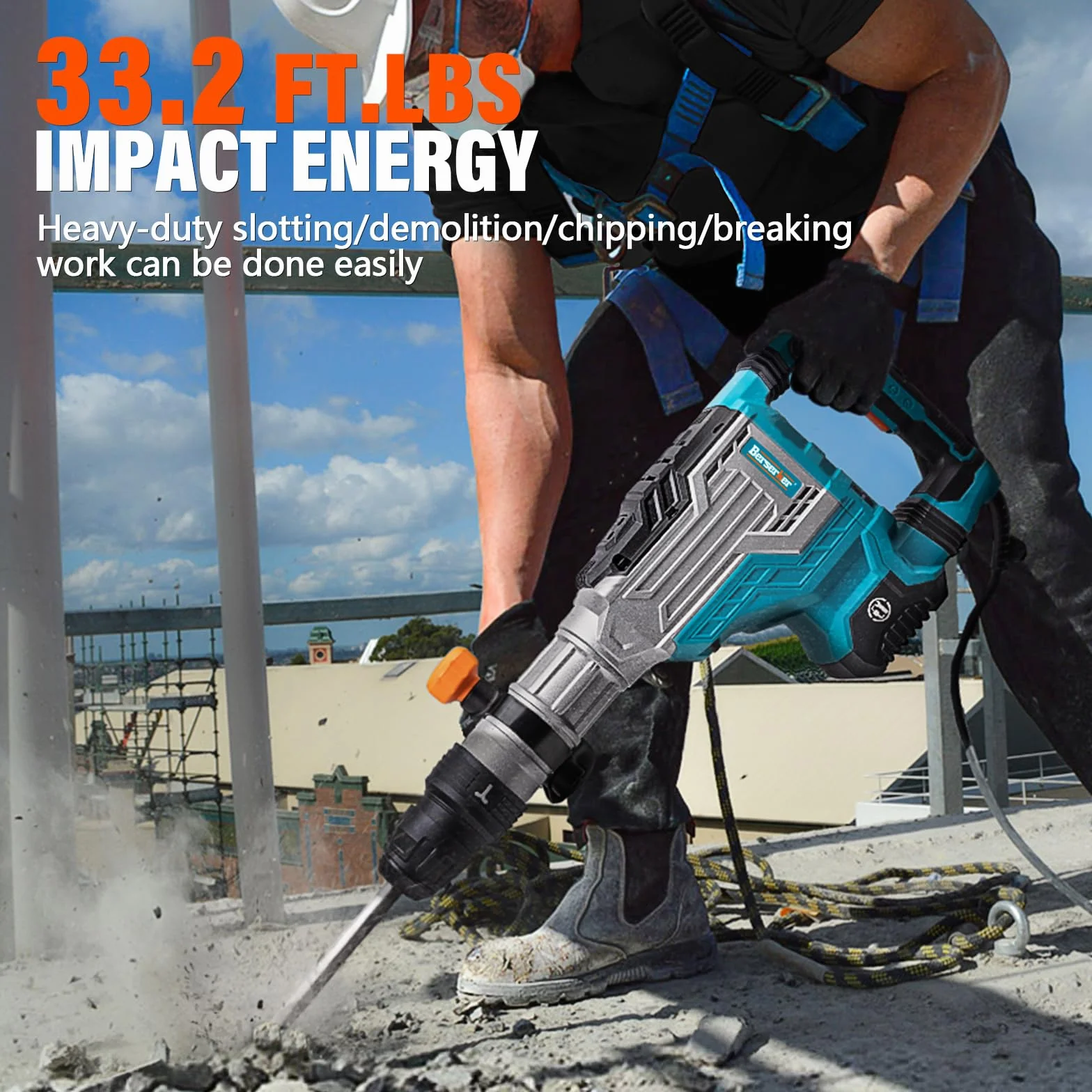 Berserker 1700 W 11.3 kg SDS-Max młot wyburzeniowy 1-9/40.6 cm 14-A przewodowy elektryczny wytrzymały demo młot do odpryskiwania betonu/chodnika z futerałem do przenoszenia dłuta płaskiego