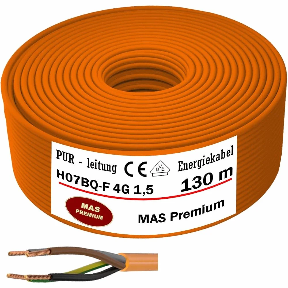 MAS-Premium® przewód PUR H07BQ-F 4G1,5, pomarańczowy, przewód przyłączeniowy do podłączenia urządzeń rolniczych lub komercyjnych, kabel budowlany (130 m)