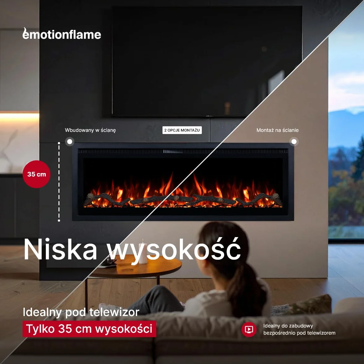 Kominek elektryczny Emotion Flame Regal 182 - ogień premium - na ścianę i do zabudowy - 182x35x12 cm - kominek LED z grzaniem 900/1800 W
