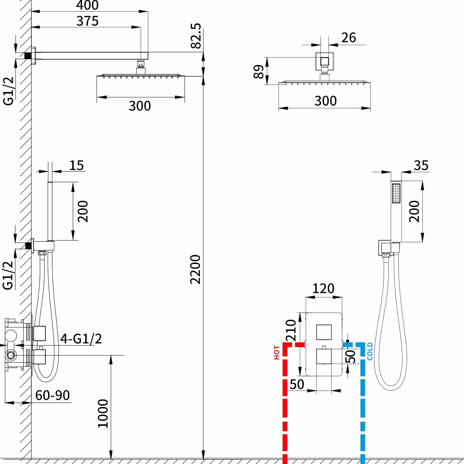 HOMELODY Czarny system prysznicowy z termostatem, podtynkowy, deszczownica, prostokątny, armatura prysznicowa, zestaw prysznicowy 12 cali, system prysznicowy zapobiegający oparzeniom, w zestawie