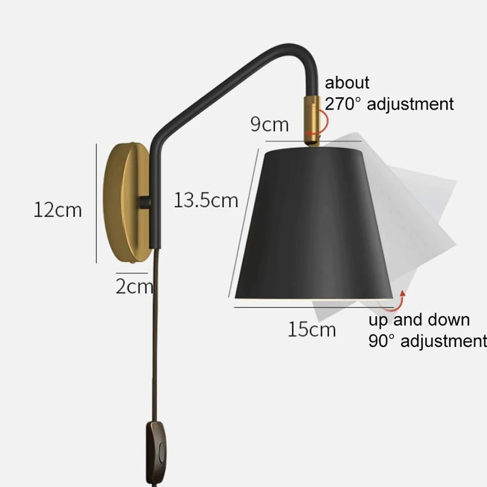 Lampka nocna z przełącznikami, lampa ścienna w stylu skandynawskim z metalowym wykończeniem, E27 oświetlenie wewnętrzne ściany z obrotowym kątem, do salonu i sypialni
