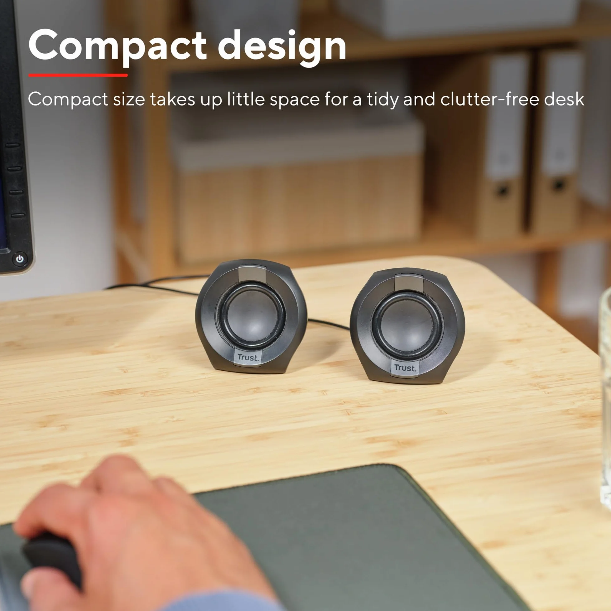 Trust Polo mały głośnik PC 2.0, 8 W (4 W RMS), kompaktowy zestaw głośników, zasilanie USB, zintegrowane sterowanie, AUX 3,5 mm, PC Box, komputer laptop – czarny