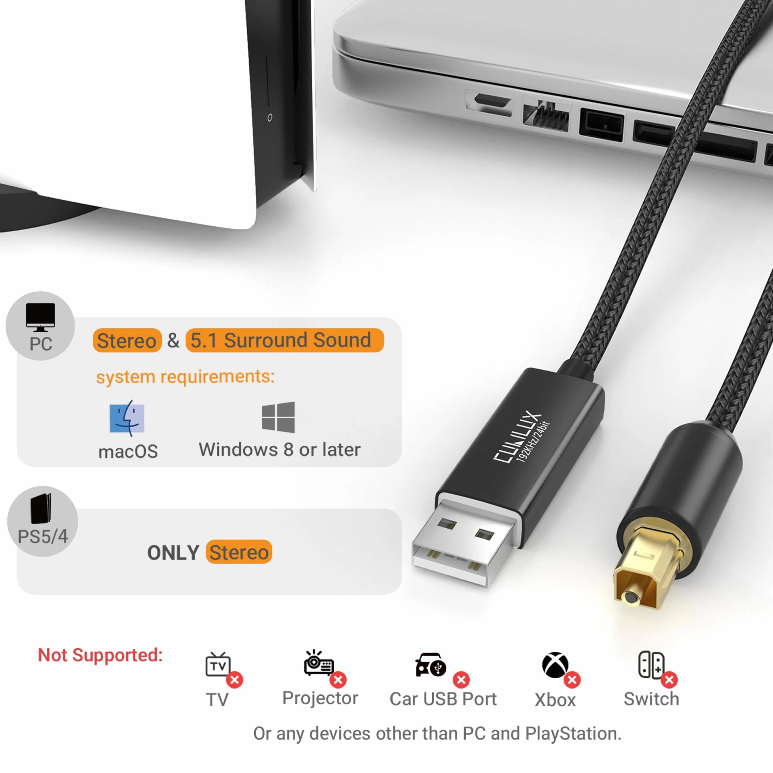 Cubilux Kabel Audio Optyczny USB A do TOSLINK SPDIF, Jednokierunkowy Konwerter Cyfrowy, Transmiter Audio do Komputera PC i Laptopa, Nie Działa z TV ani Konsolą, 6.6 ft / 2 m