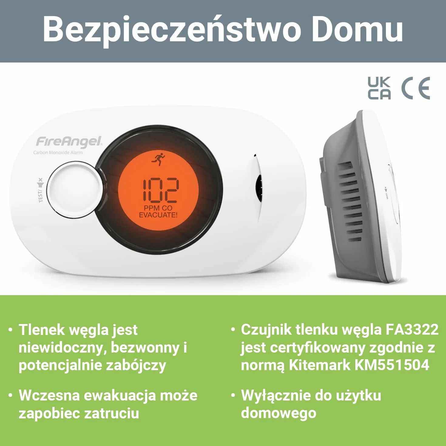 Fire Angel FA3322 Cyfrowy Czujnik Czadu - Czujnik Wilgotności, Baterią na 10 Lat – Przenośna Czujka Czadu i Detektor Ciepła do Domu i w Podróży