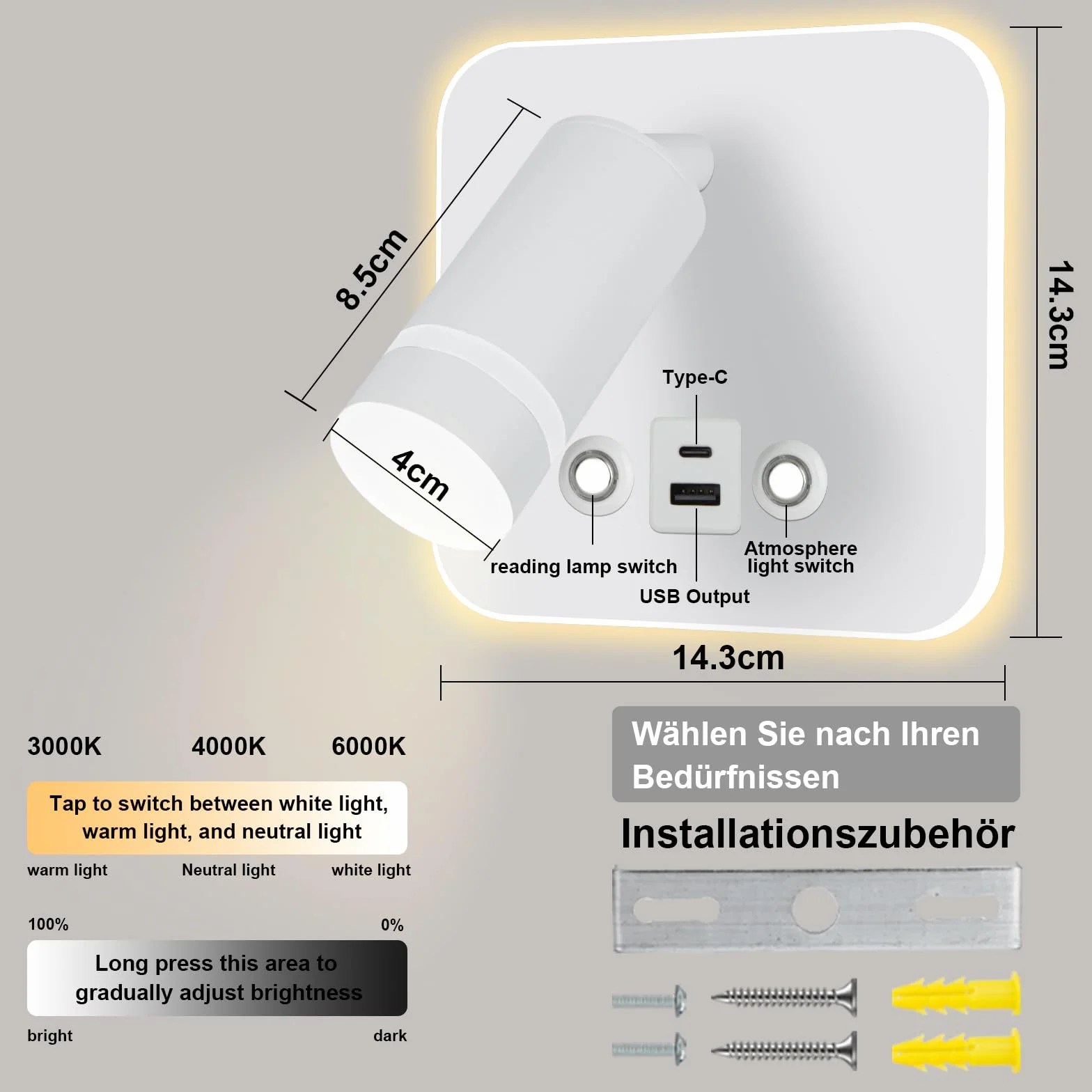 HUIZHOU Lampa do czytania Lampa ścienna LED Sterowanie dotykiem 3-kolorowe temperatury i 12W Port ładowania USB 350° Obrotowe łóżko Światło do czytania Salon i sypialnia (Biały kwadrat)