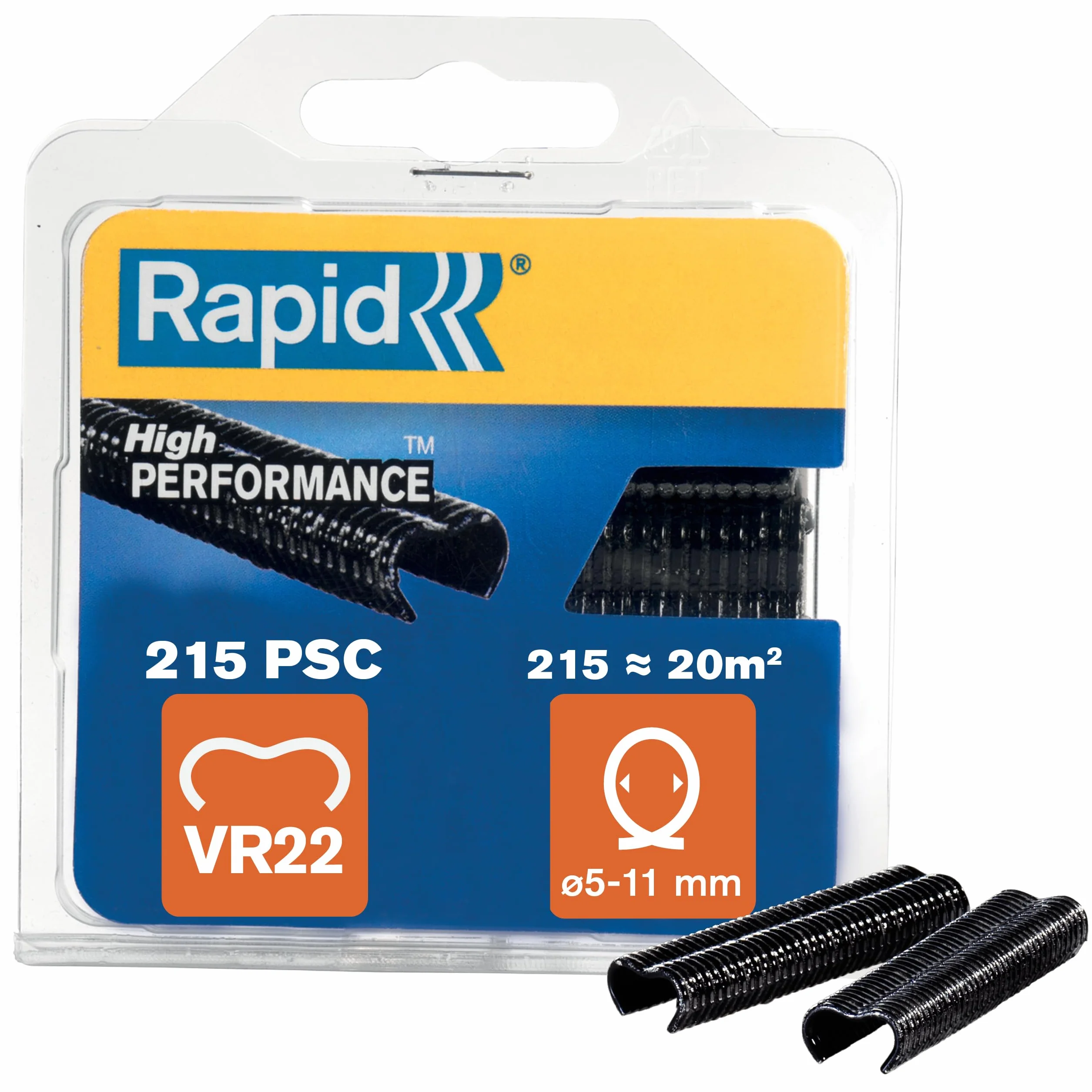 Rapid, Zszywki Zaciskowe Rapid VR22, Galwanizowane z Czarną Powłoką PET, Siatki Druciane 5–11 mm, Idealne do Zabezpieczania Klatek i Ogrodzeń, 215 Sztuk, Blister (40108804)