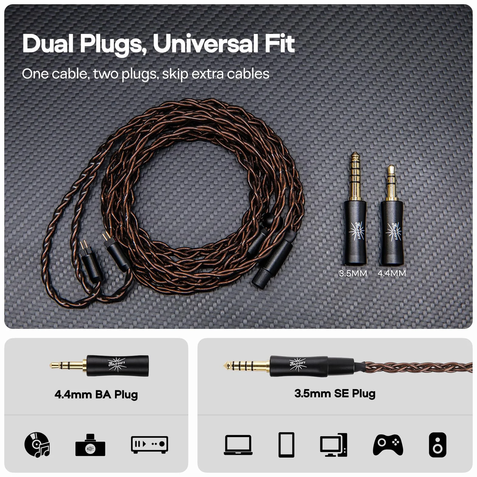 Linsoul Kiwi Ears Terras IEM Cable, 4N Single Crystal Copper 32AWG 4-żyłowy przewód do monitorów dousznych, 1,25 m długości HiFi Updated Wire z wtyczką do Orchestra Lite Aether Mangird Tea Pro