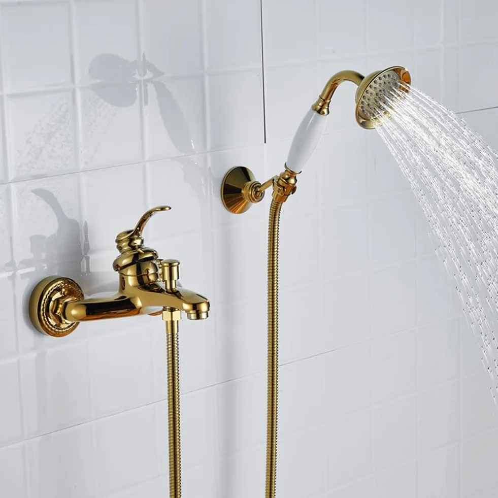 Retro mosiężny kran wannowy z naścienną głowicą prysznicową 150 cm wąż tradycyjny design luksusowe złote wykończenie idealny do renowacji i modernizacji łazienki
