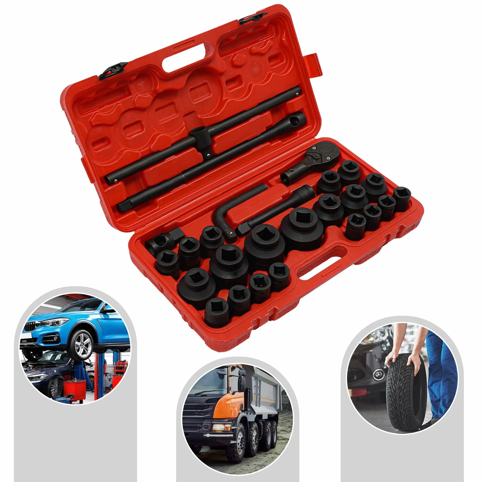 Zestaw 26 końcówek udarowych Impact Socket zestaw nasadek 3/4" i 1" Drive zestaw kluczy nasadowych z łbem sześciokątnym, 6-punktowym adapterem, narzędzie naprawcze, zestaw narzędzi samochodowych