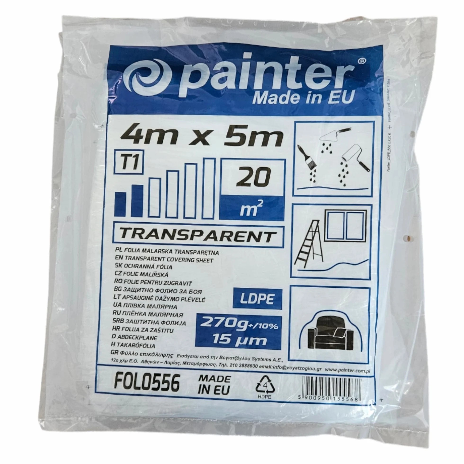 PAINTER Folia malarska ochronna transparentna – Wytrzymała i praktyczna ochrona powierzchni - Lekka i łatwa w użyciu – Nieodzowna podczas remontu – 4x5m 270g 15 µm