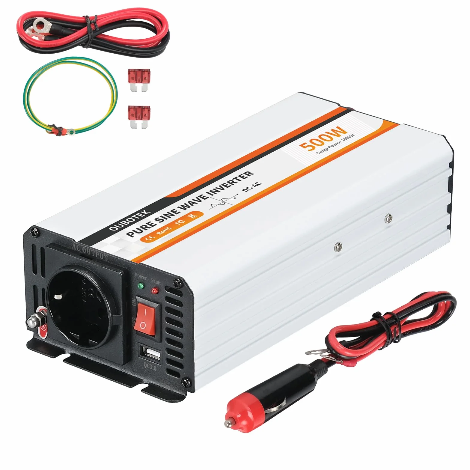Falownik 500 W / 1000 W, przetwornica napięcia 12 V na 230 V, czysty sinus, samochodowy przetwornik napięcia z przyłączem USB i gniazdami EU, do kampera, samochodu, solarnego