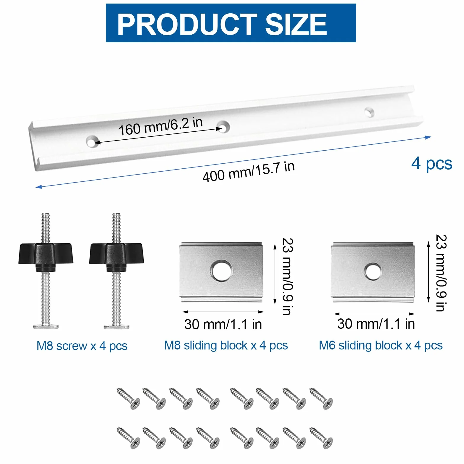4 szyny zaciskowe ze stopu aluminium, 400 mm, zestaw szyn skośnych T-SlotTrack, T Nut z suwakiem M8/M6, szyna montażowa (srebrna)