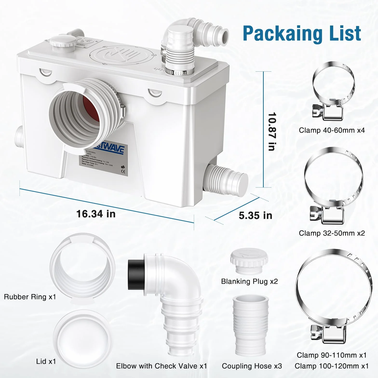 CrestWave - Pompa maceratora 500 W, system spłukiwania o wysokiej wytrzymałości z 4 wlotami wody, przepływ 20 l/m, idealny do zlewu, toalety, kuchni, prysznica, wanny, pralni, wody