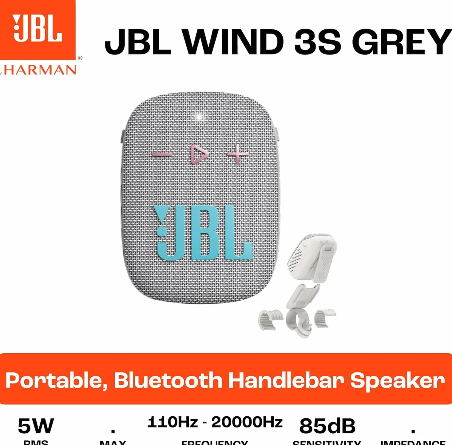 JBL Box Wind 3S przenośny mini głośnik Bluetooth, wodoszczelny, z klipsem, do uprawiania sportu, roweru i skutera, Bass Boost - biały, jasnoszary