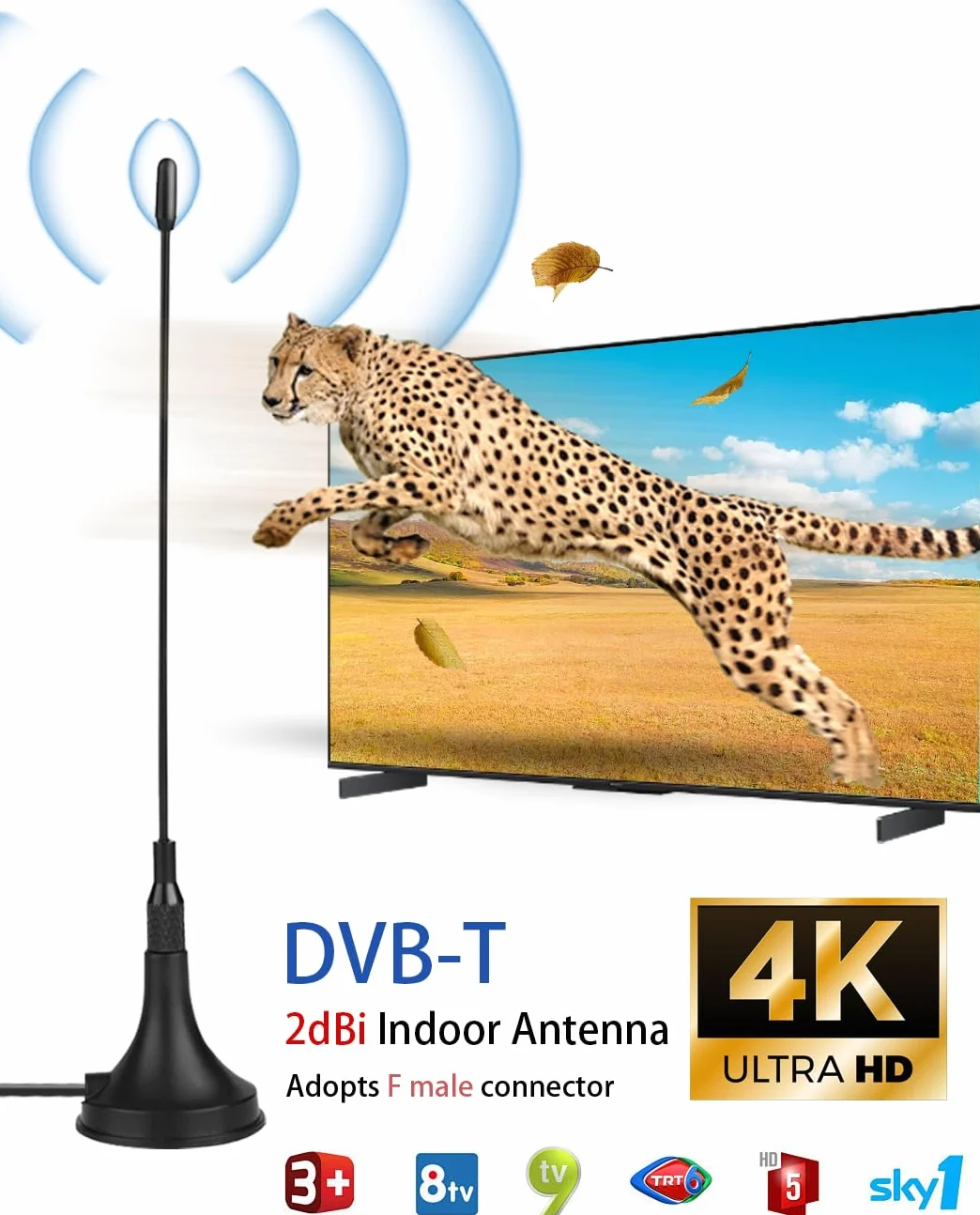 Vecys DVB-T Antena 2dBi Mini TV Antena Magnetyczna Podstawa Wymienne Pręty 50 Mil Wewnętrzna Cyfrowa Antena TV RG174 3m Kabel Koncentryczny