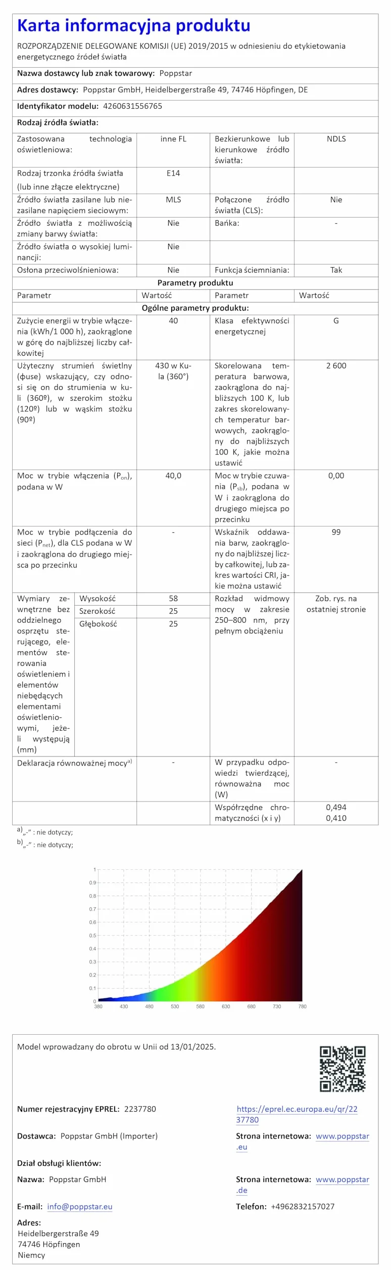 Poppstar żarówki do piekarnika E14 40W, odporne na wysokie temp. do 300°C (barwa światła: biała, ciepła 2700K, 430lm, 45x75mm), 2 szt.