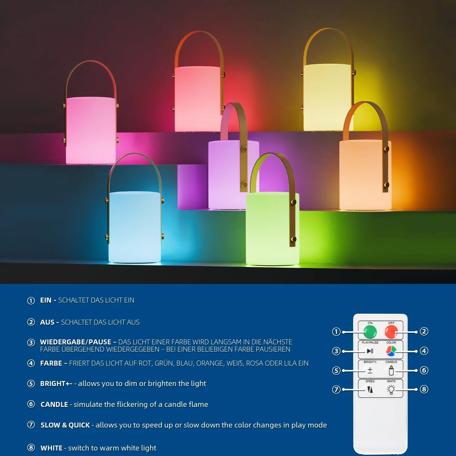 FUYO Lampa zewnętrzna LED, akumulatorowa, ściemniana, ładowana przez USB, lampa stołowa na zewnątrz, z pilotem zdalnego sterowania, 8 kolorów RGB, odporna na warunki atmosferyczne, na kemping, taras,