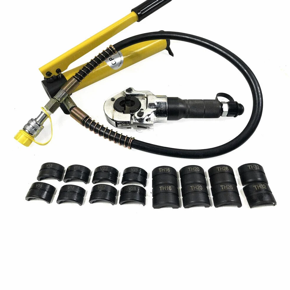 12-28 mm, hydrauliczne szczypce zaciskowe, hydraulika w kształcie litery V, z obrotową głowicą 360°, rura miedziana, szczęki i hydrauliczne spodnie rurowe ze stali nierdzewnej, hydrauliczna pompa ręczna do rur aluminiowych, rury Pex