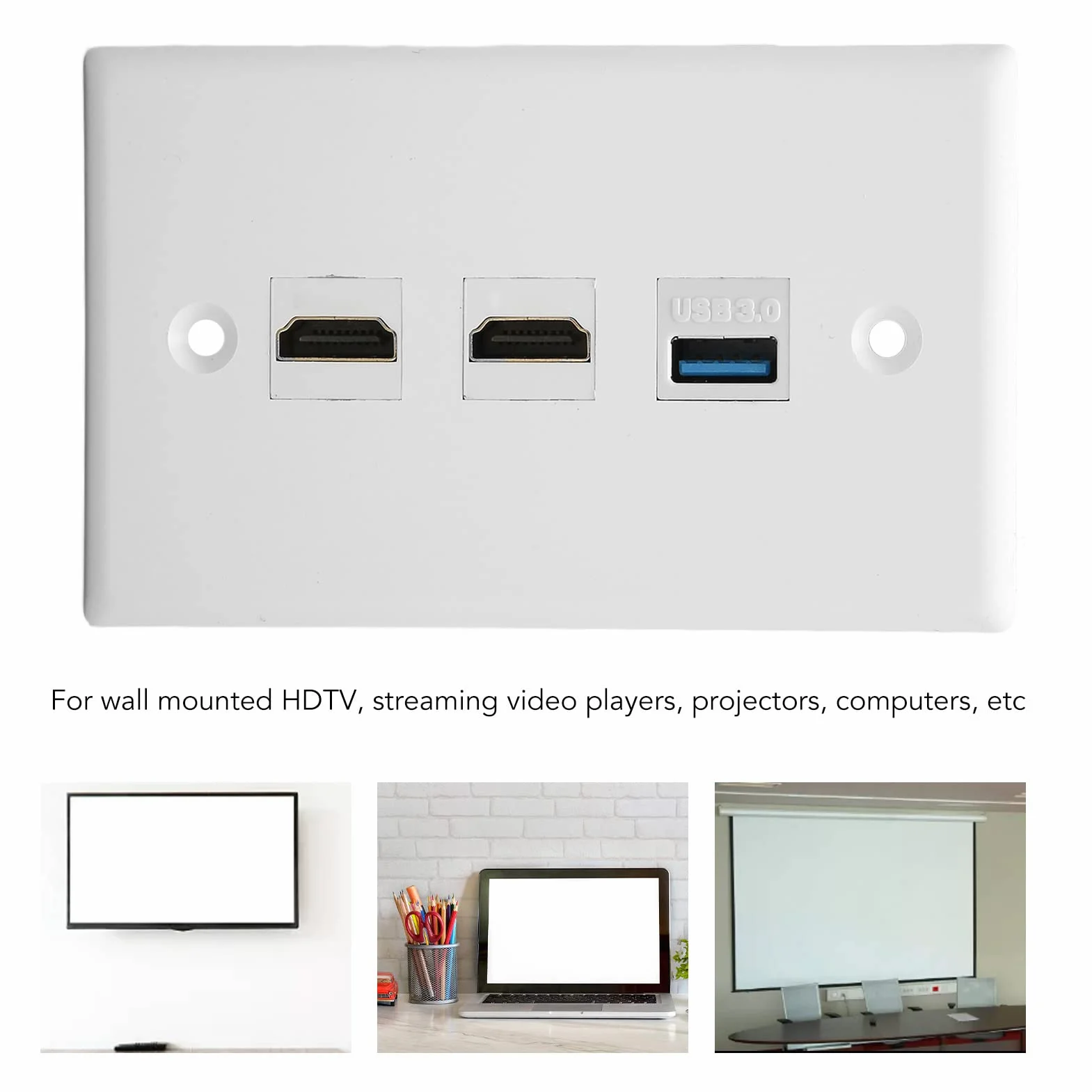 3-portowe Gniazdko ścienne HDMI z USB 3.0, Płyta ścienna Ethernet Bez Lutowania do Naściennych Telewizorów HD, Strumieniowe Odtwarzacze Wideo, Projektory, do Domowego Biura