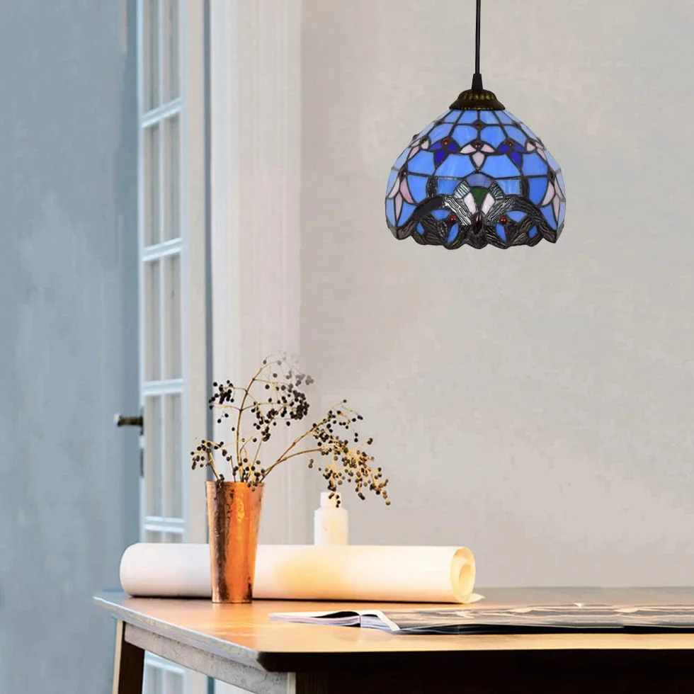 Niebieski styl barokowy szklana lampa wisząca witraż nowoczesny żyrandol 6 cali szeroka rustykalna szklana lampa wisząca do wyspy kuchennej jadalnia bar oświetlenie wewnętrzne Star of Light