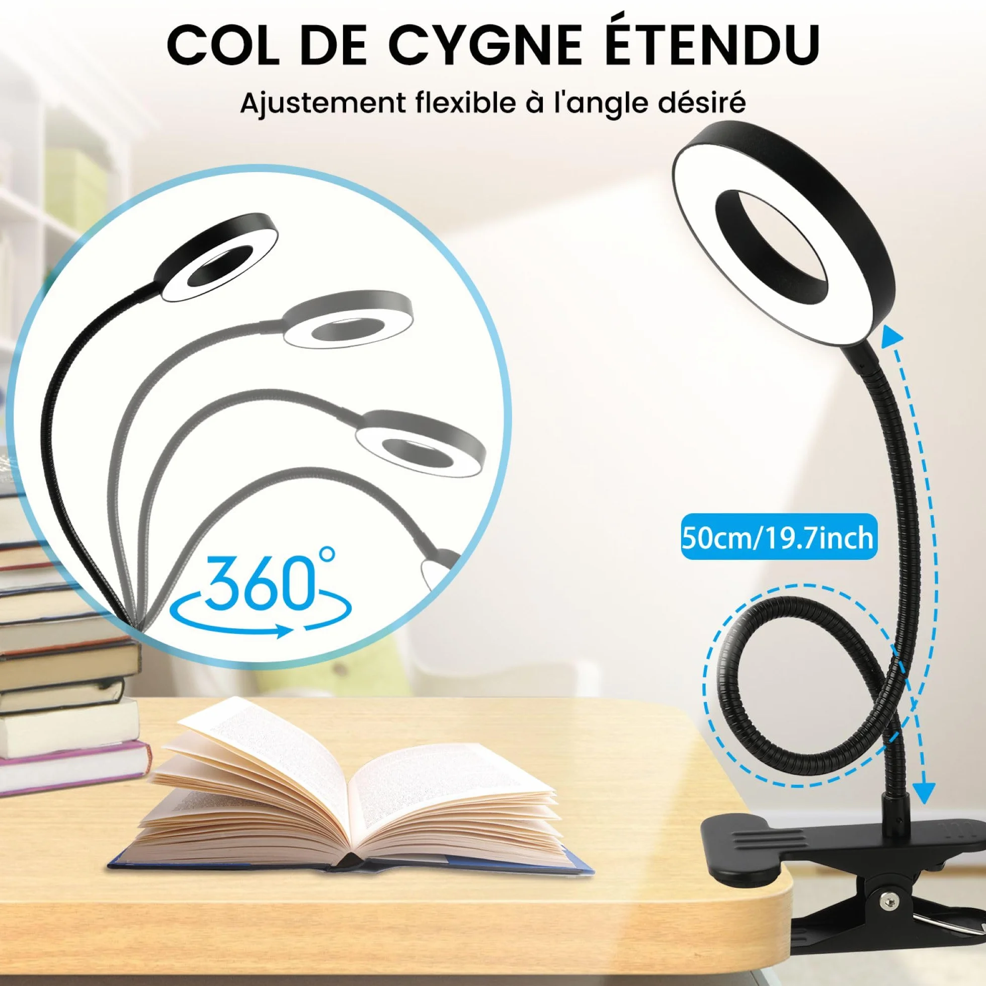 Lampa do czytania z zaciskiem LED elastyczna 360°, 3 tryby świecenia, 10 poziomów jasności, lampka nocna USB, energooszczędna lampa biurkowa LED, na stolik nocny, łóżko i biurko, 50 cm