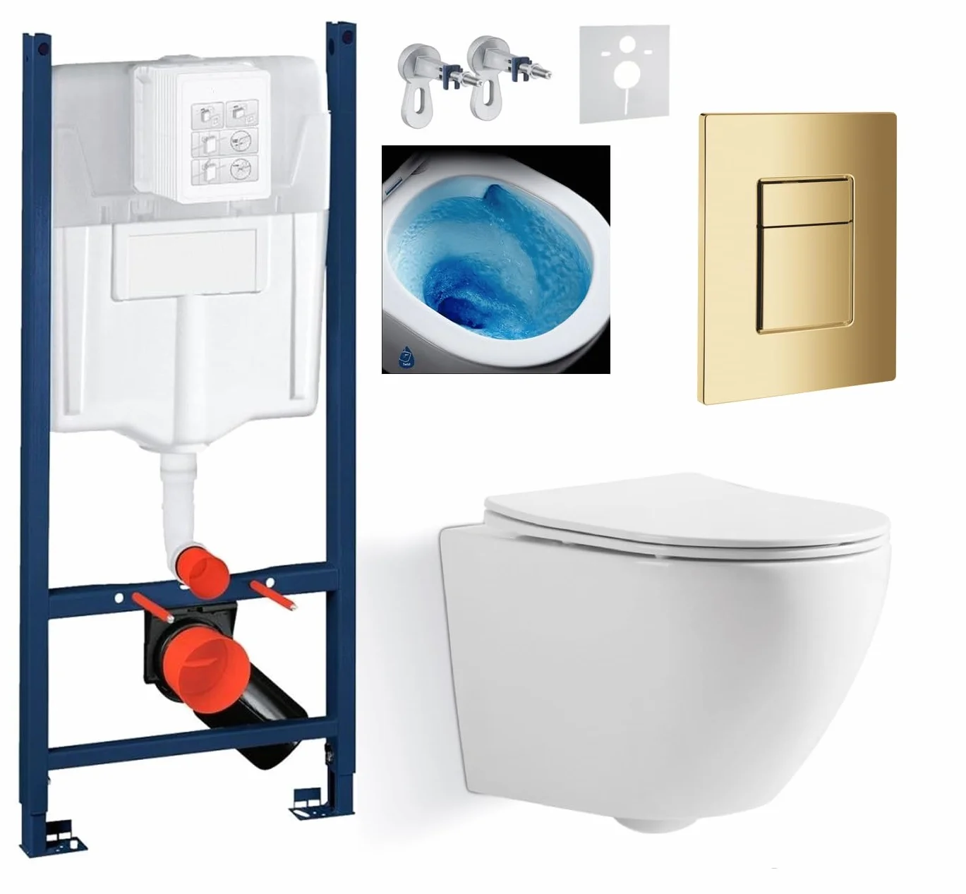 Kompletny zestaw Imprese 5w1 – stelaż podtynkowy + miska WC bezkołnierzowa BLATNA TWIST TORNADO + deska sedesowa wolnoopadająca Slim + złoty błyszczący przycisk spłukujący + mata + zestaw montażowy